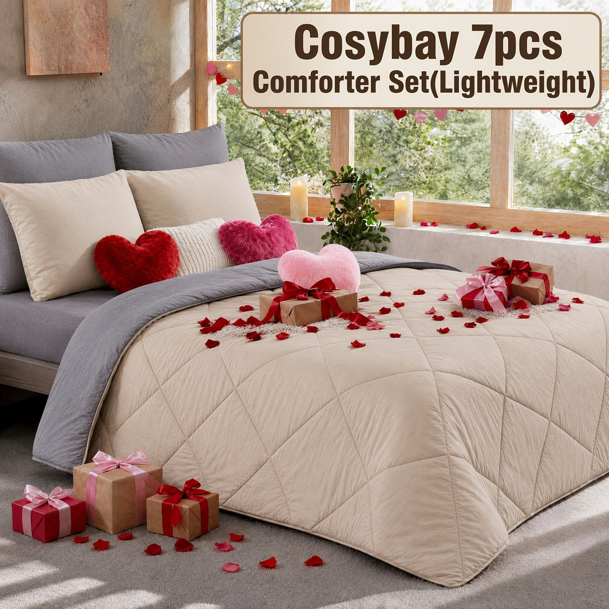 Cosybay 7 Piece Pinch Pleated Comforter Set Queen King Size, Luxury Soft Fluffy Bedding Includes 1 Comforter, 1 Extra Deep Pocket Fitted Sheet, 1 Flat Sheet, 4 Pillowcases & Pillow Covers, Perfect for Halloween Party, Holiday Celebrations & Birthday