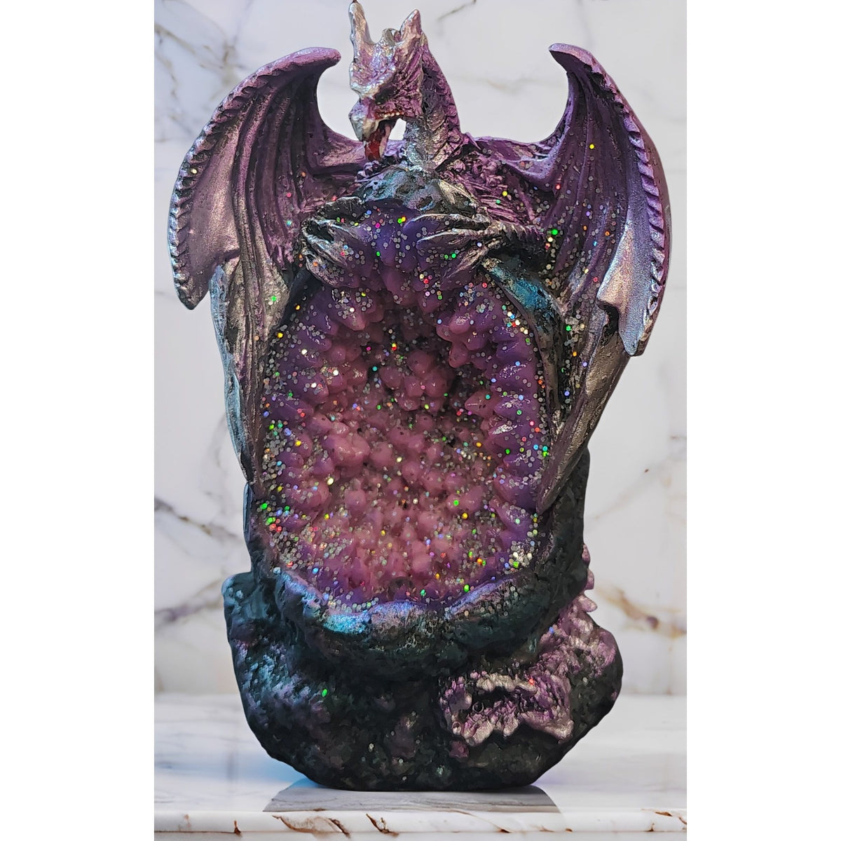 4" H Dragon Guarding Faux Crystal Cave Figurine Statue Home/Room Decor and Perfect Gift Ideas for House Warming, Holidays and Birthdays Great Collectible Addition