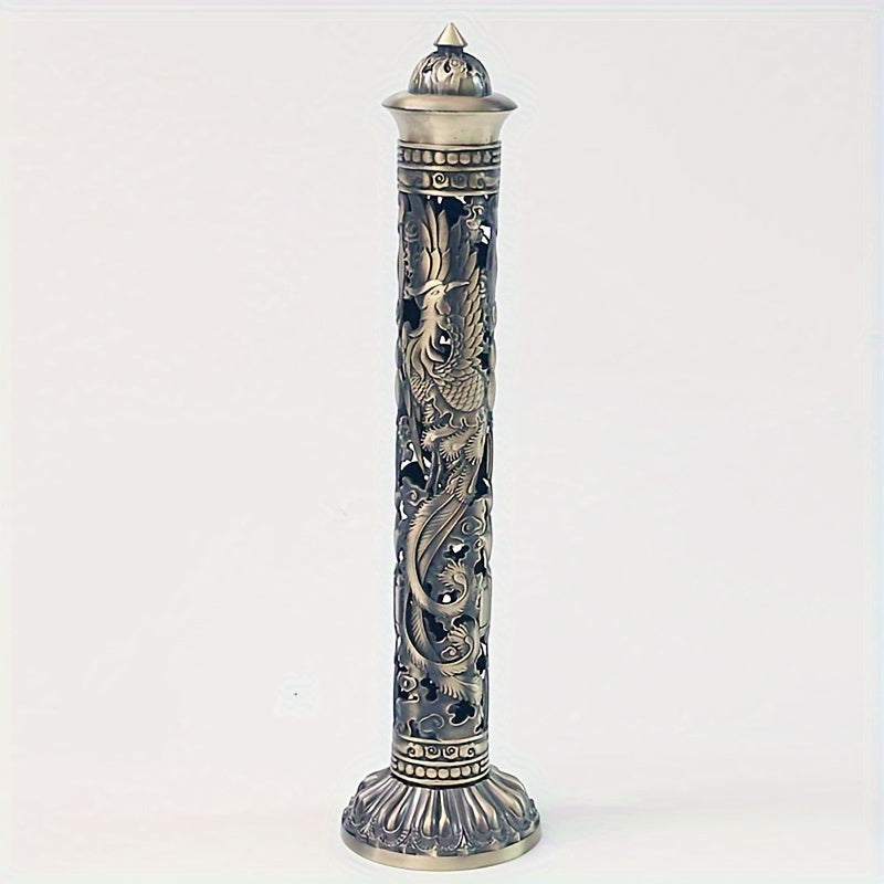 Metal Incense Stick Holder Featuring a Retro Vertical Design, Heart Sutra, Dragon, And Phoenix Motifs, Perfect for Home Or Office Ceremonial Decoration