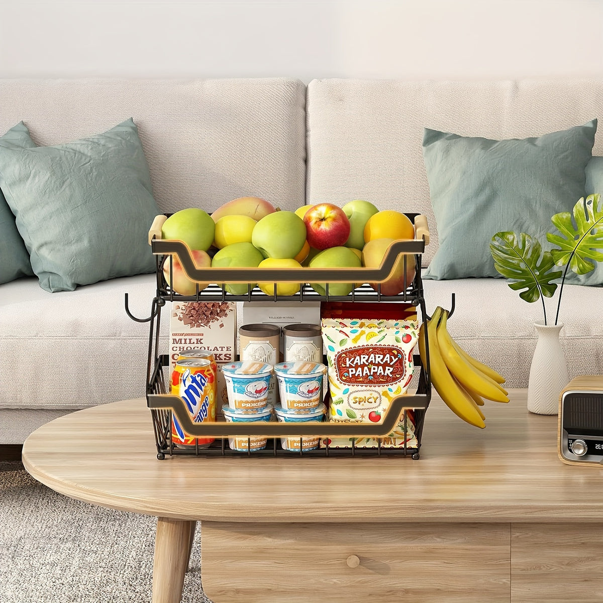 2-Tier Countertop Fruit Basket with 2 Banana Hangers for Kitchen, Detachable Metal Organizer for Bread Vegetable Fruits with Wooden Handle, Large Capacity Rectangular Storage Stand Bowls, Black