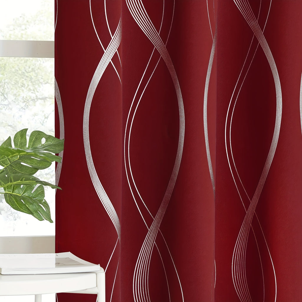 Blackout Curtains 2 Panels Set for Bedroom/Living Room, Noise Reducing Thermal Insulated Wave Line Foil Print Drapes for Patio Sliding Glass Door