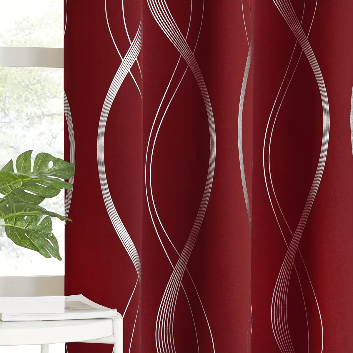 Blackout Curtains 2 Panels Set for Bedroom/Living Room, Noise Reducing Thermal Insulated Wave Line Foil Print Drapes for Patio Sliding Glass Door