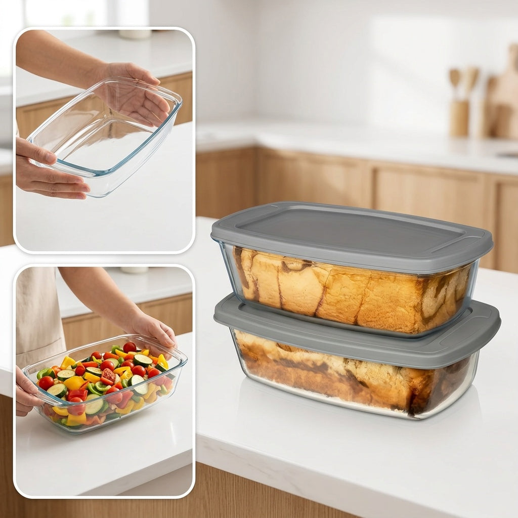 1/2pcs Large-Capacity Glass Baking Dish with Lid, 60.87oz/ 1.9 Qt, with Handles, Stackable, Microwave & Oven Safe, Specialized for Baking Bread & Cakes, Airtight Storage Container, Rectangular Toast Pan, Food Storage Container