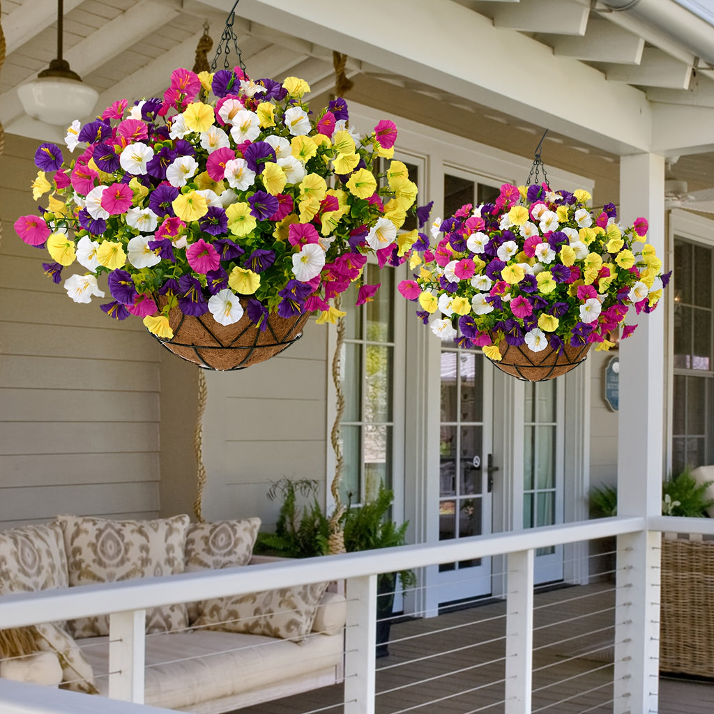 Artificial Hanging Petunia Flowers with Container, UV-Resistant Plastic Faux Floral Decor in Multicolor or Purple for Porch, Patio, Garden and Balcony