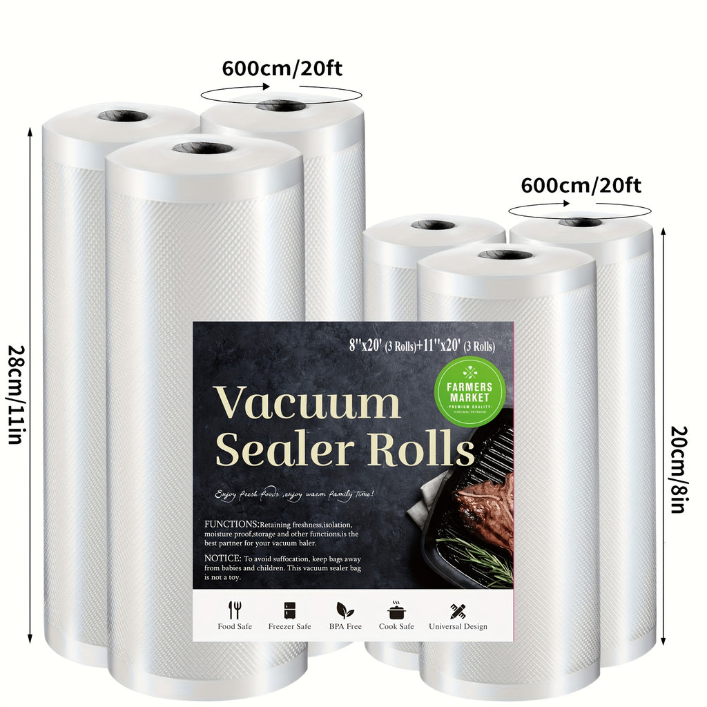 6 Count Food Vacuum Sealer Bags Multipack Self-Cut, 3 Rolls 11"X 20'+ 3 Rolls 8"X 20' | 6 Pack, Thick Embossed Roll Bags for Dry/Moist Airtight Food Storage, Meal Prep And Sous Vide, Commercial Grade Heavy Duty Seal Food Vac Bags
