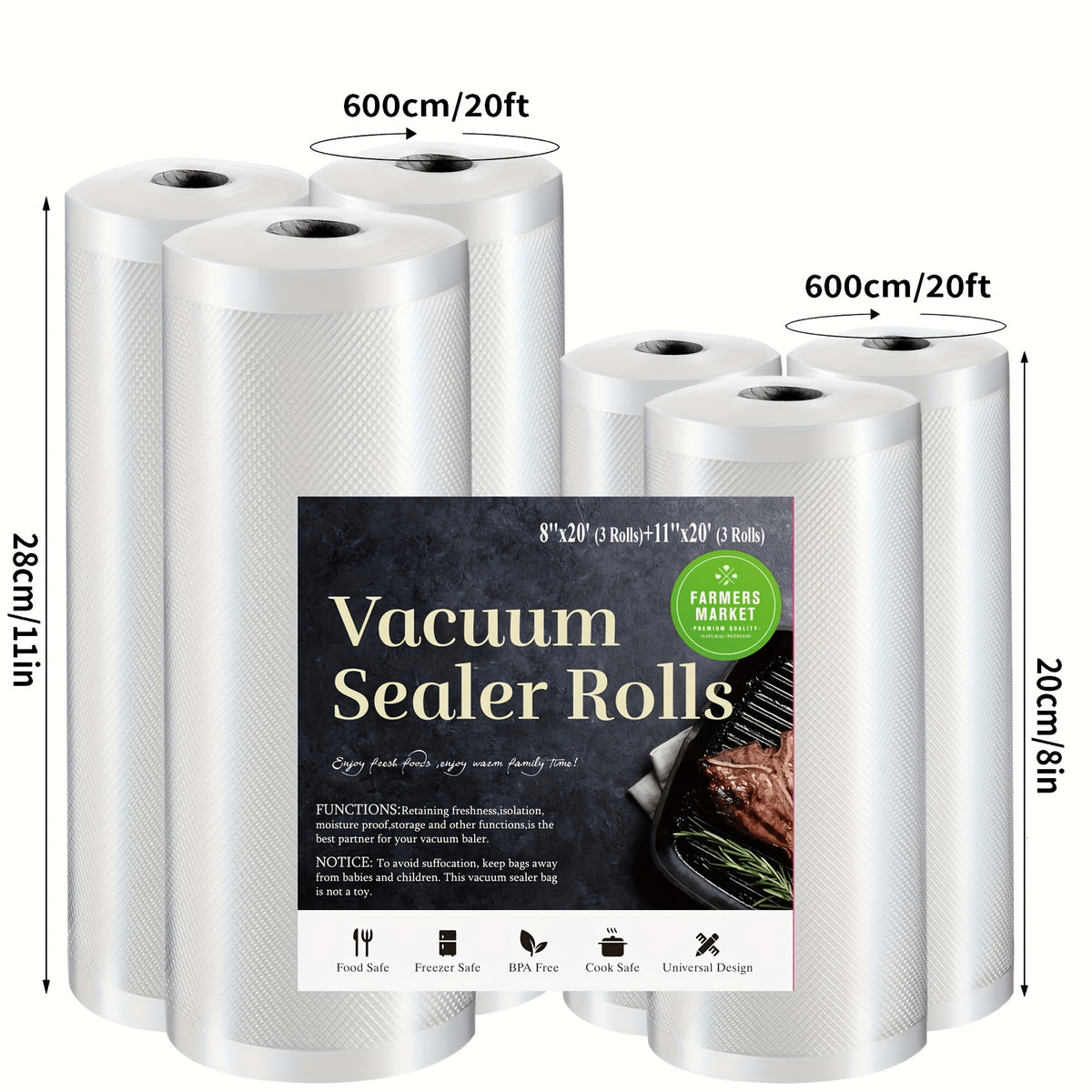 6 Count Food Vacuum Sealer Bags Multipack Self-Cut, 3 Rolls 11"X 20'+ 3 Rolls 8"X 20' | 6 Pack, Thick Embossed Roll Bags for Dry/Moist Airtight Food Storage, Meal Prep And Sous Vide, Commercial Grade Heavy Duty Seal Food Vac Bags