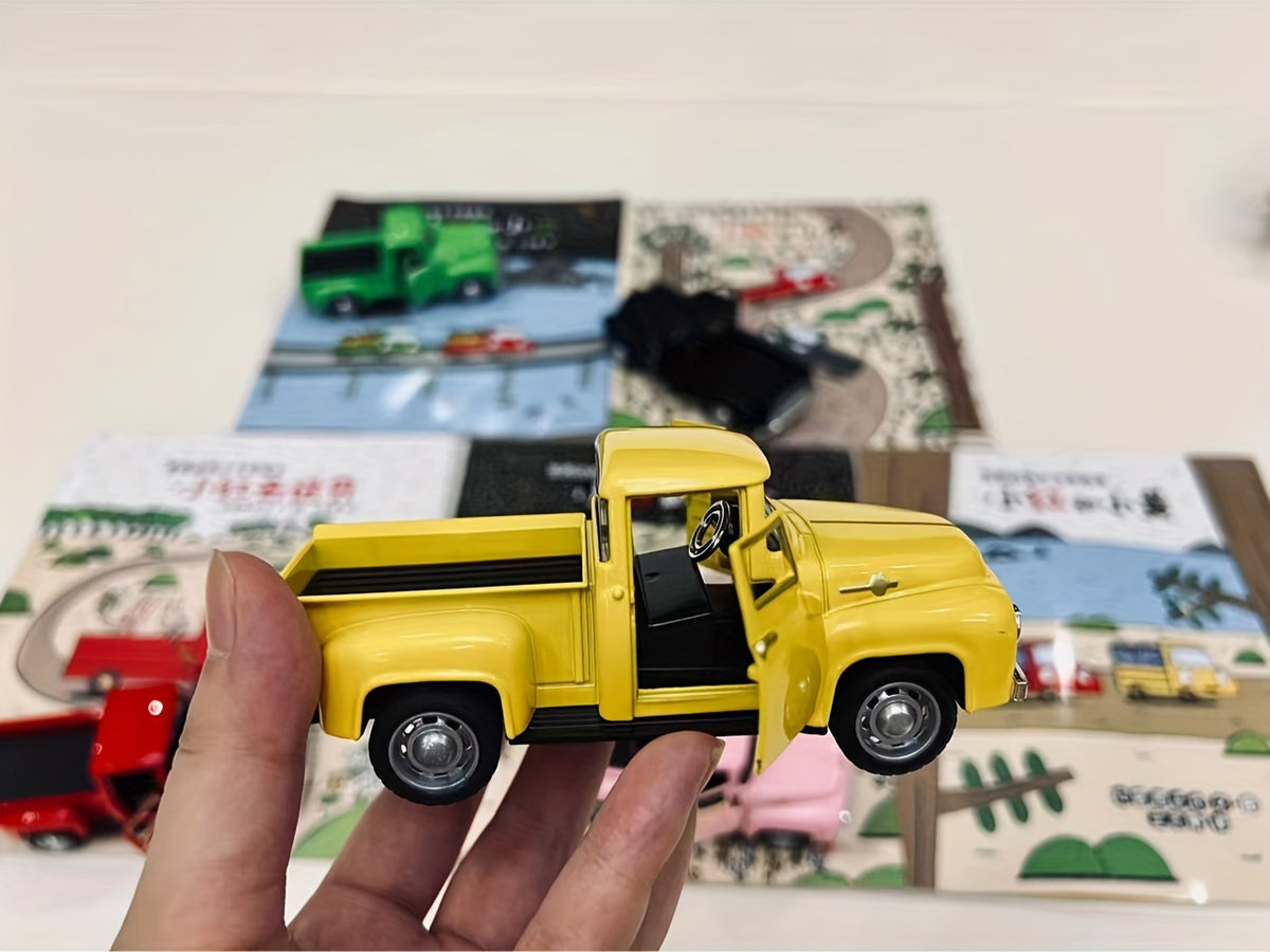 Vintage Pickup Truck Model, 4.9 x 2 x 1.8 Inch Alloy Metal Ornament with Chrome Accents in Eight Colors for Home Shelves and Office Desk Decor
