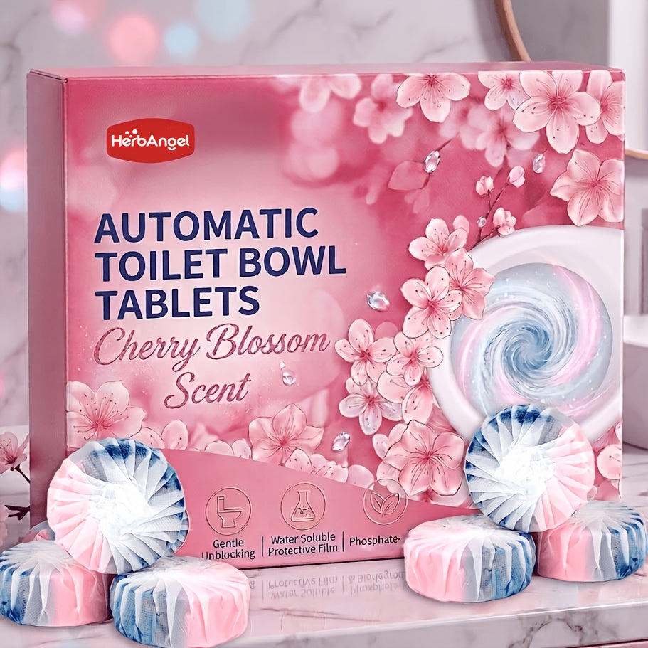 Automatic Toilet Bowl Tablets Suitable for Household Toilets - Cherry Blossom Scent Suitable for Plastic Tank Cleaners, Dual Color Water Soluble Film with Urine Scale Remover, Long Lasting Fragrance Tablets for Deep Stain Elimination