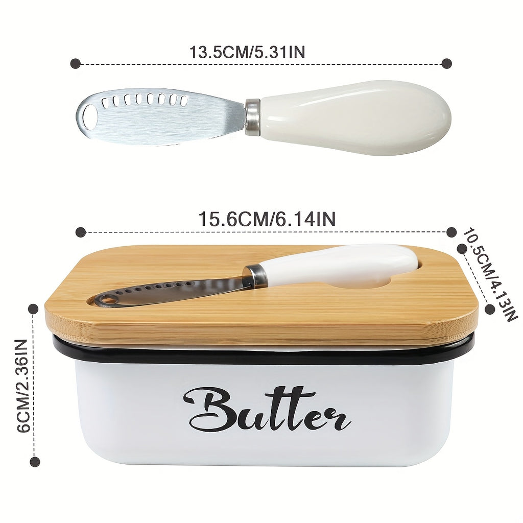 Iron Butter Tray with Bamboo Cover and Knife Large Capacity - Airtight Cheese Storage Box Kitchen Storage Items - Complete Colors - Mother's Day Thanksgiving Christmas Gifts Butter Storage Container Holiday Serving Elegant Durable