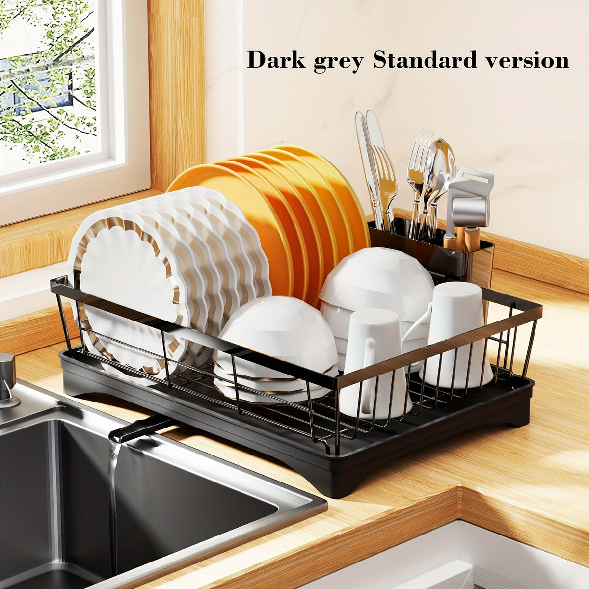 2 Tier And 1 Tier Dish Drying Rack for Kitchen Counter, Dish Drainers for Kitchen Counter with Drainboard, Metal Kitchen Dish Rack with Drain, Kitchen Drying Rack Two Tier, Black Dish Racks, Spoons And Fork