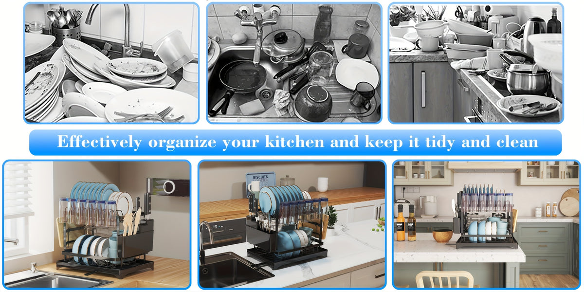 Dish Rack, 2 Tier Utensil Holder, Rustproof Kitchen Dish Drying Rack With Drainboard And Utensil Holder For Kitchen Countertop, Kitchen Accessories