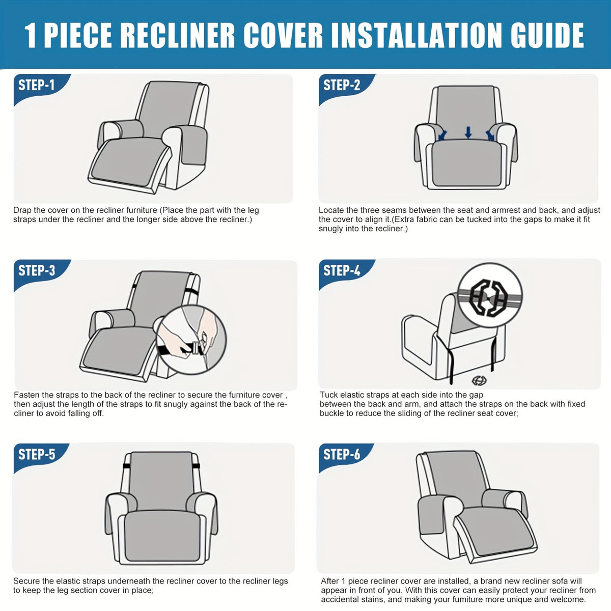 Recliner Chair Cover with Elastic Straps, Washable Non-Slip Furniture Protector for Large Recliners and Pet Households in 10 Living Room Colors