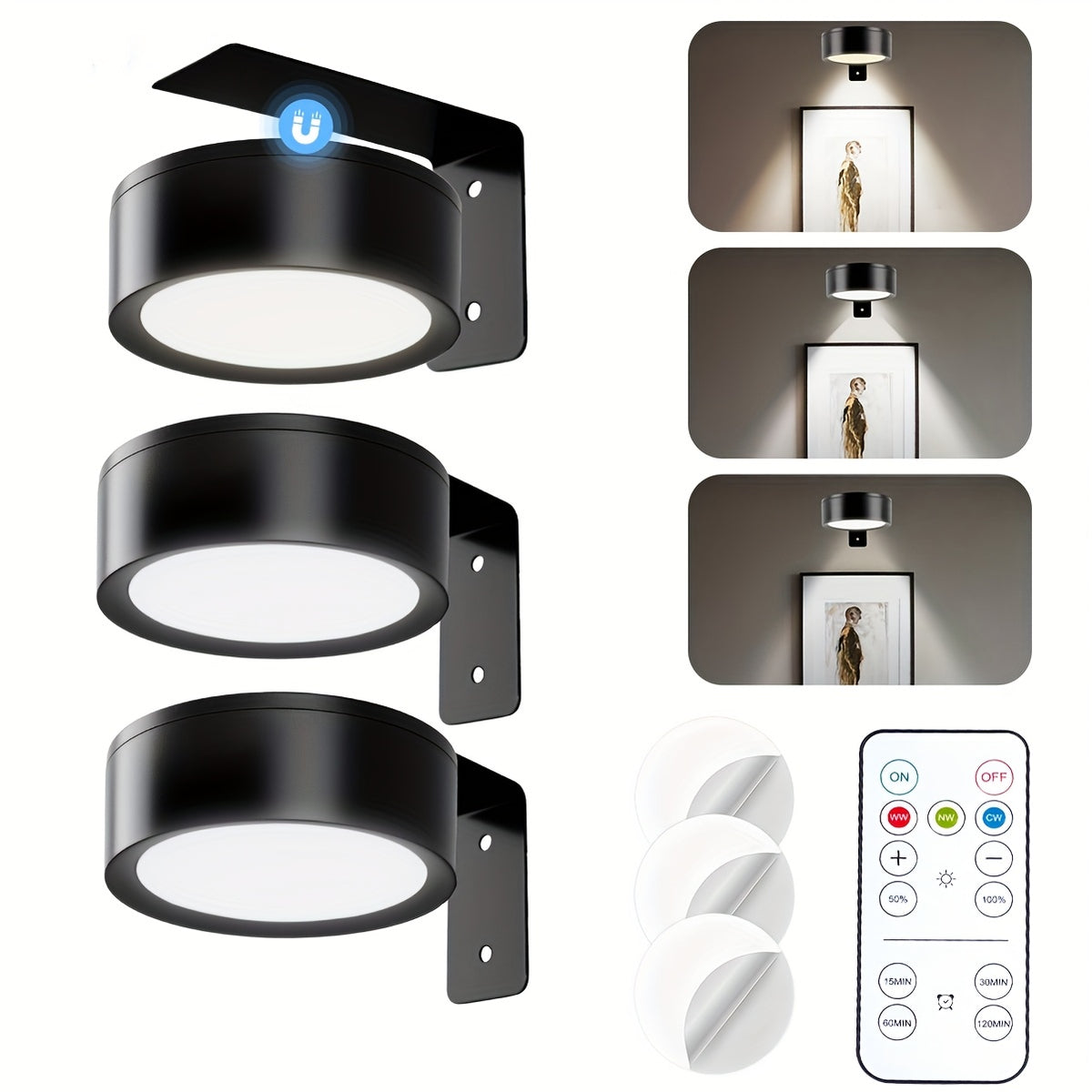 3/6pcs Battery- Magnetic Picture Lights with Remote, Dimmable Timer & 3 Lighting Modes Suitable for Picture Frame Paintings, Wireless Wall-Mounted Puck Lights for Art Display, Plug-and-Play for Gallery Decor (No Wiring)