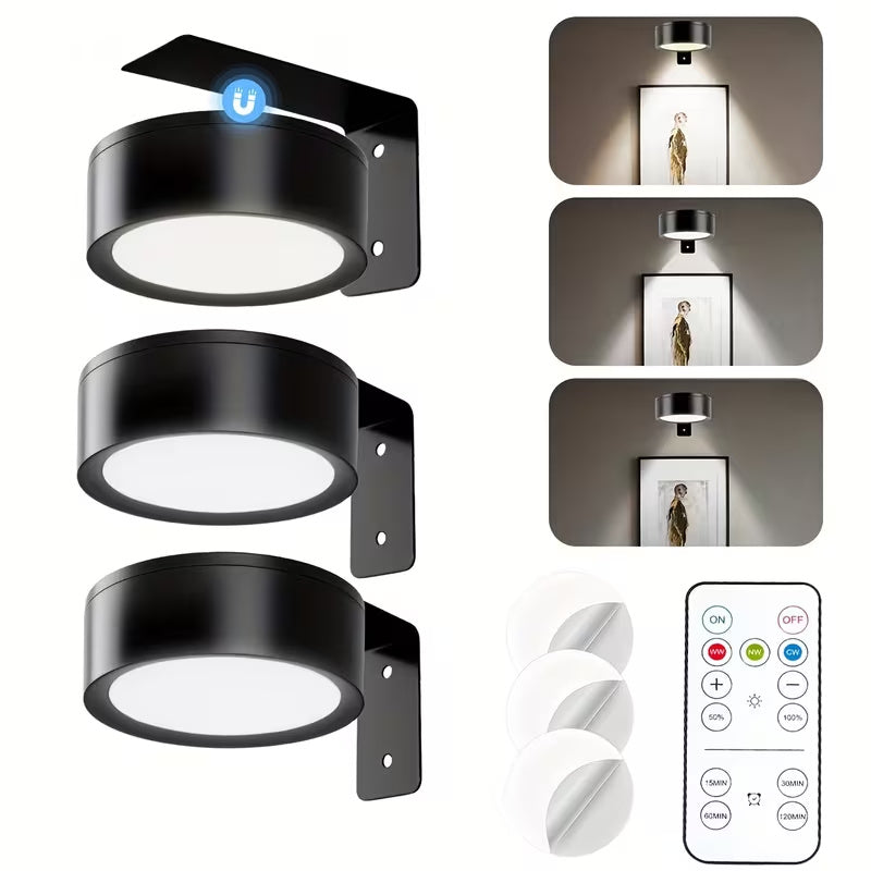 Wireless Picture Lights with Remote, Magnetic Battery-Powered Wall Puck Lamps with Dimming, Timer and 3 White Light Modes for Gallery Art and Frame Displays