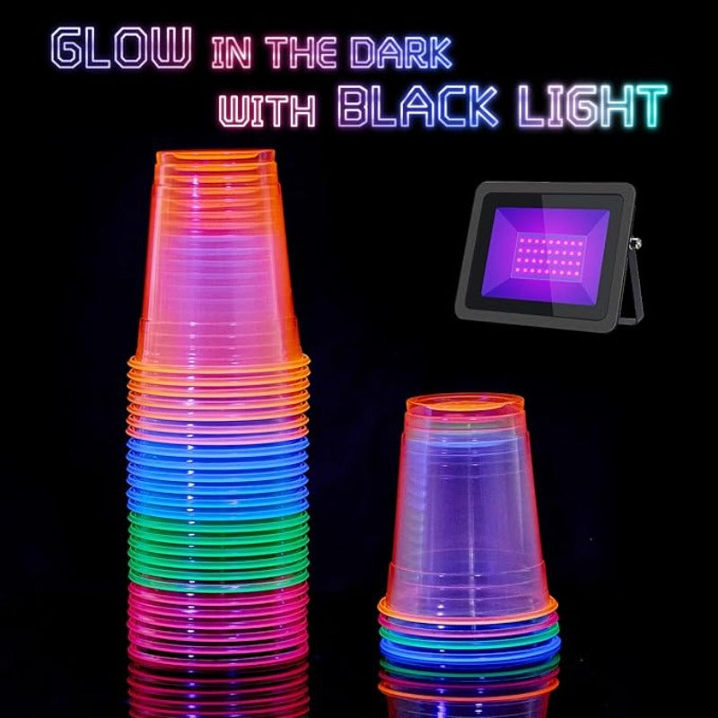 100pcs Plastic for Neon Cups, 12/16Oz Disposable Glowing Cups for Neon Party Decorations, Colorful Glow-In-The-Dark Suitable for Carnival Parties, Christmas, Thanksgiving, Halloween Holidays