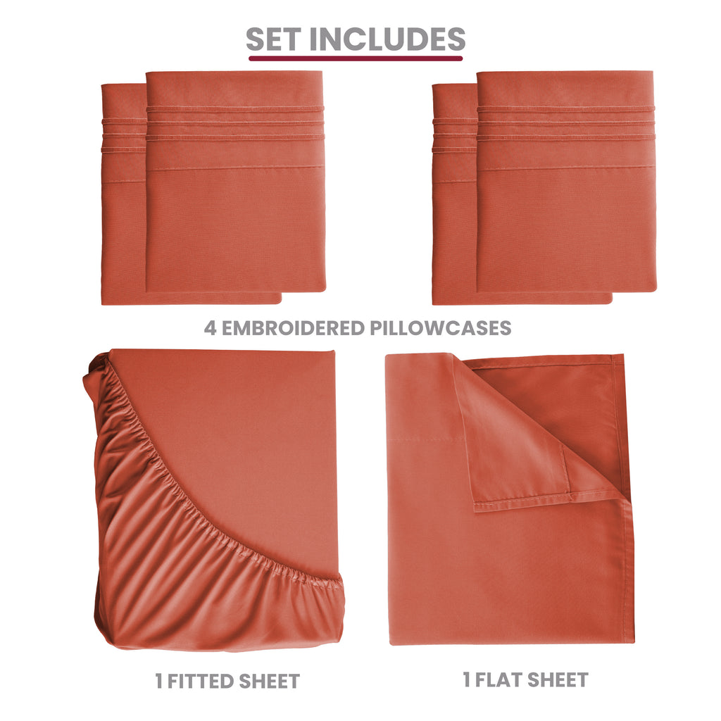 Lux Decor 6 Pieces Solid Bed Sheets Set - Modern Soft Comfortable Bedding Set, Hotel Luxury Skin Friendly Cooling Sheets & Embroidered Pillowcases Without Filler - All Seasons Bed Sheet with 16 Inches deep Pocket, Breathable Skin Friendly & Cooling Sheets
