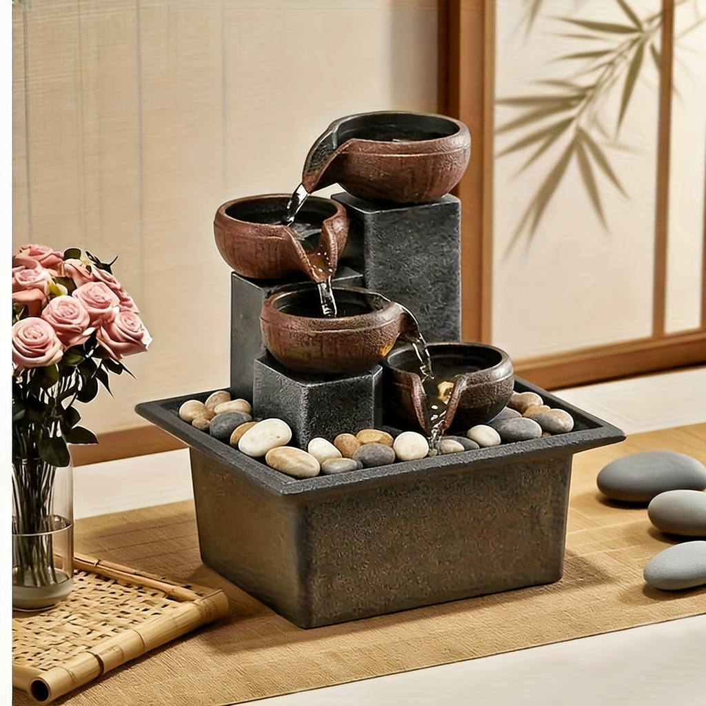 New Desktop Fountain, 4-Level Desktop Waterfall, Meditation Fountain, Indoor Fountain, Office And Home Relaxation, Desktop Fountain Pool, LED Lights, Fixed Decorative Bubble Balls (With Natural River Stone Decoration Included)