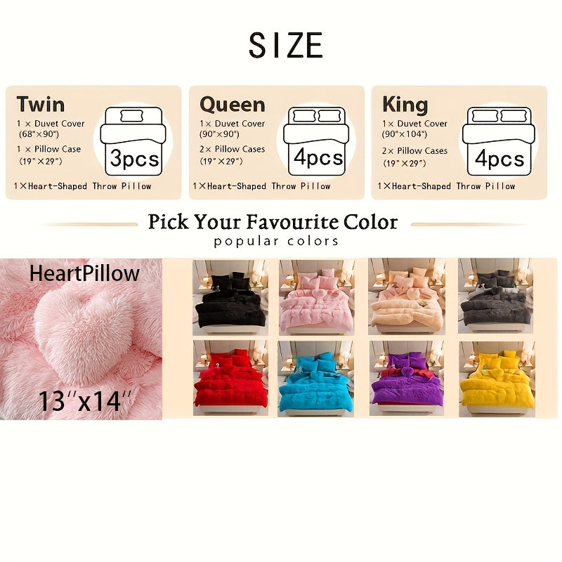 3/4pcs Plush Faux Fur Comforter Cover Set for Kids & Teens - Includes Pillowcases + Plush Heart Pillow - Twin/ Queen/ King Sizes - Super Soft, Warm, Machine Washable (Duvet Cover Only, No Comforter)