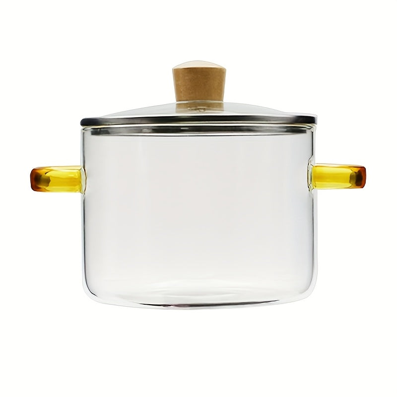 Glass Soup Pot, 54 oz Borosilicate Cooking Pot with Clear Body and Green or Yellow Handles for Ramen, Congee, Milk and Everyday Home Meals