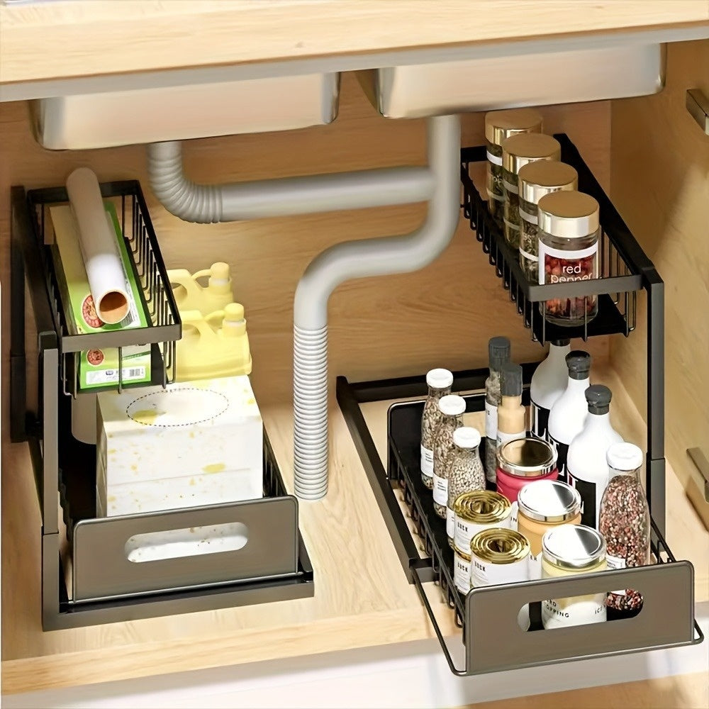 1pc/2pcs Kitchen Racks for Sink Organization And Storage, Double-layer Large-capacity Storage Sink Organization And Storage Racks, Slide-out Cabinet Organization Racks, Kitchen Metal Drawer Storage Racks
