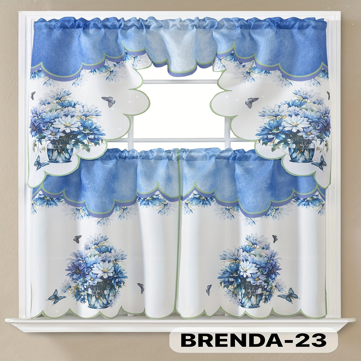 3pcs Bamboo Embroidered Kitchen Curtain Set, Floral Embroidery, Lightweight and Soft, Easy Care, Machine Washable, Satin Fabric, Embroidered
