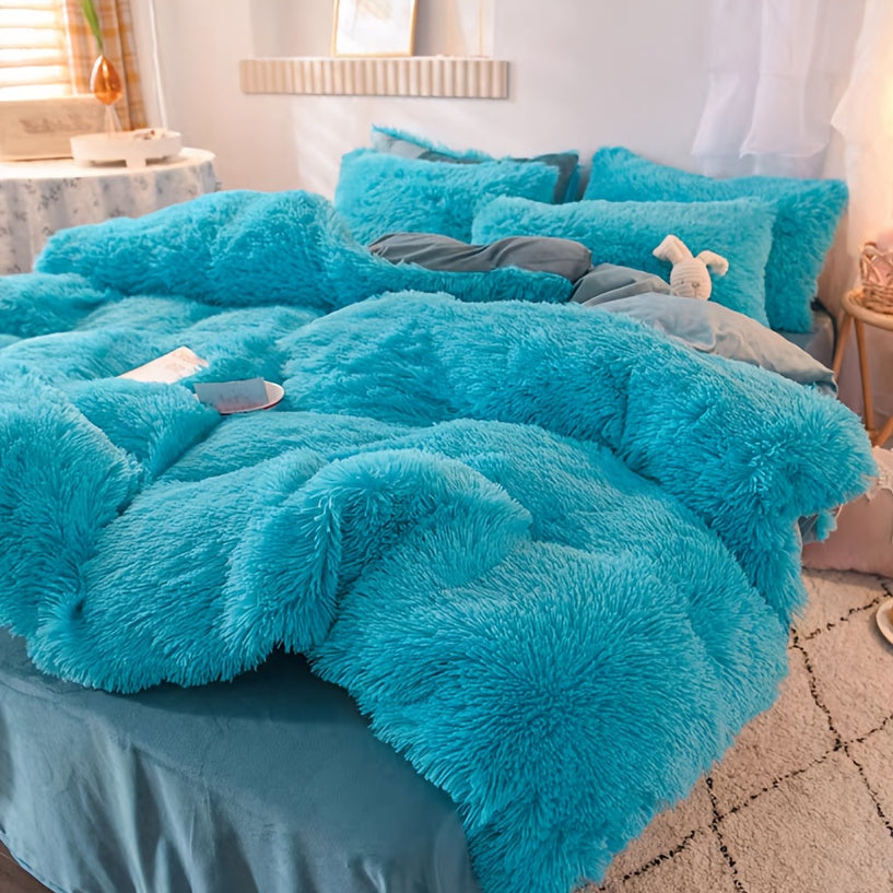 4pcs Fluffy Comforter Cover Set Queen King, Soft Plush Duvet Cover Set with Pillow Shams, All Season Cozy Bedding, No Insert