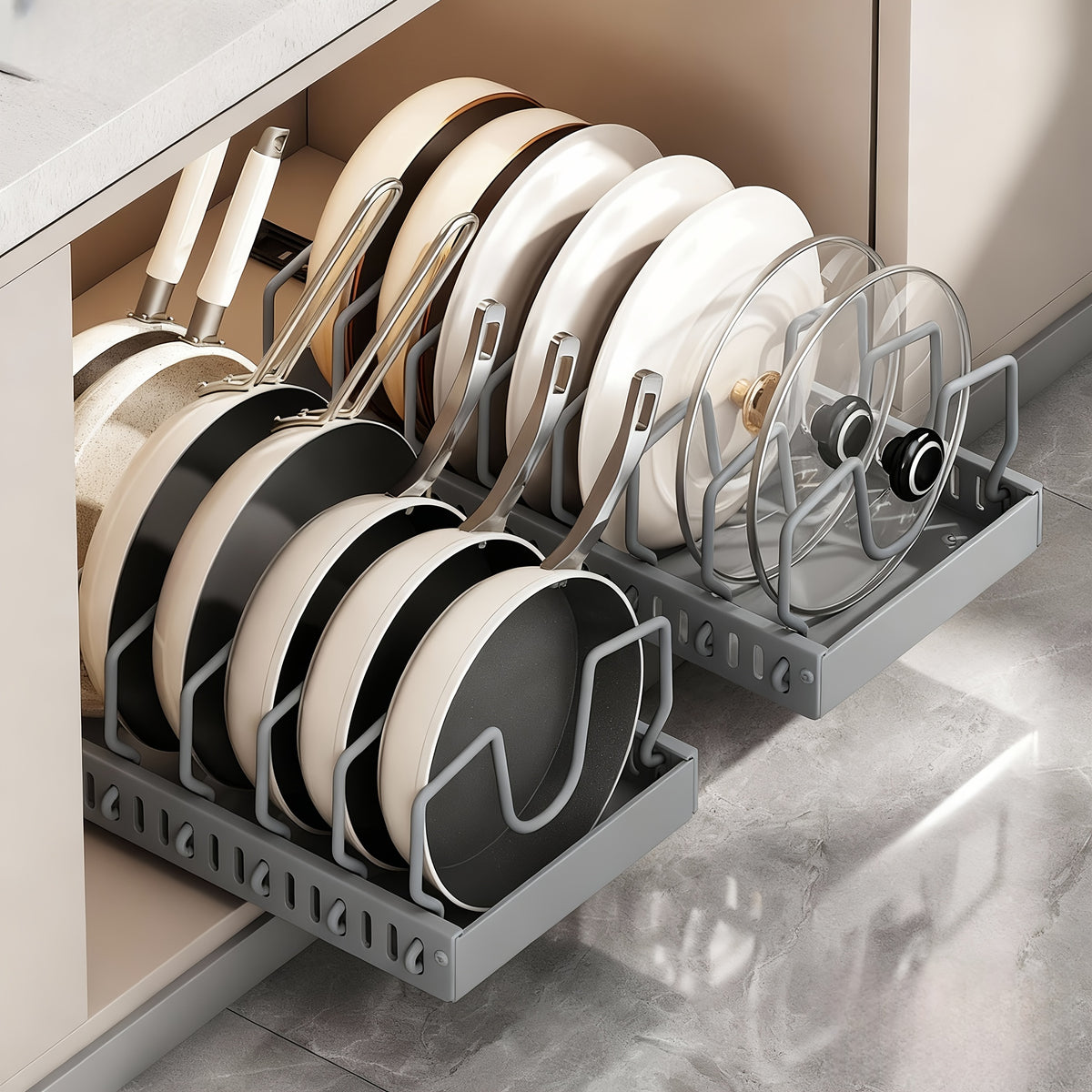 1/2pcs Pull-Out Pot And Pan Storage Box for Cabinets, Kitchen Sliding Lid Rack And Pan Holder, Cabinet Sliding Storage Box for Storing Lids, Baking Tools, And Plates, 8/16 Adjustable Dividers, Kitchen Decor And Additions Pots And Pans Organizer