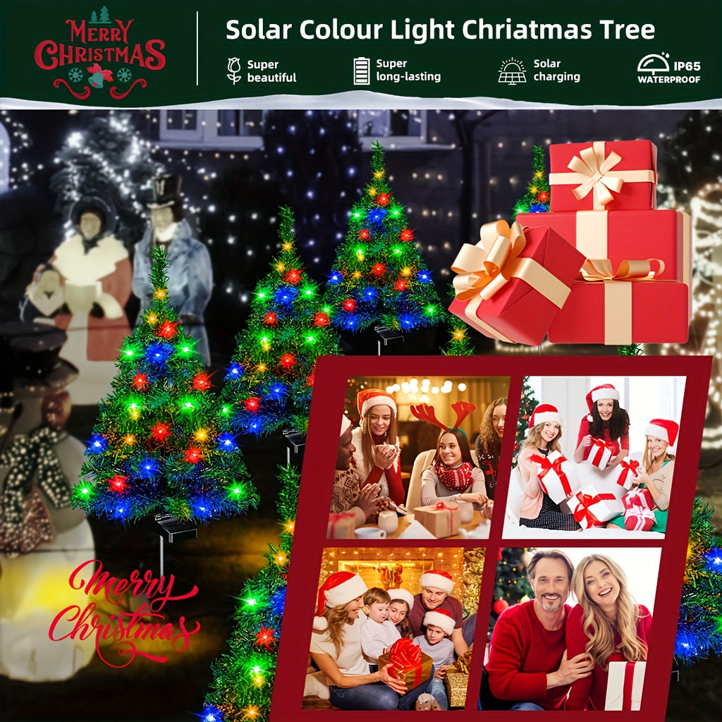 Two Sets Of Solar Christmas Tree Lights Are Used for Outdoor Christmas Decorations. The Solar Pre-lit Small Christmas Trees Are Used for Outdoor Paths, Gardens And Courtyards Decoration.