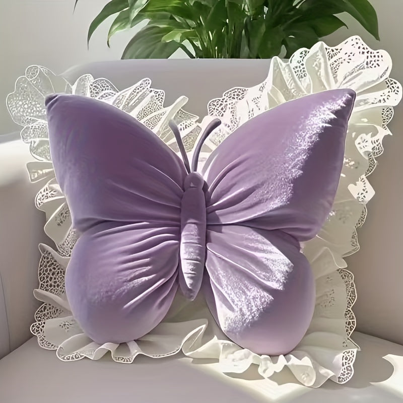 Butterfly-Shaped Decorative Pillow Home Decor Cushion with White Lace Trim Luxurious Velour Fabric And Fill Lumbar Support Cushion for Sofas, Beds, Cars, Offices - Perfect Gift for Women, Housewarming, Christmas, Valentine'S Day Machine Washable