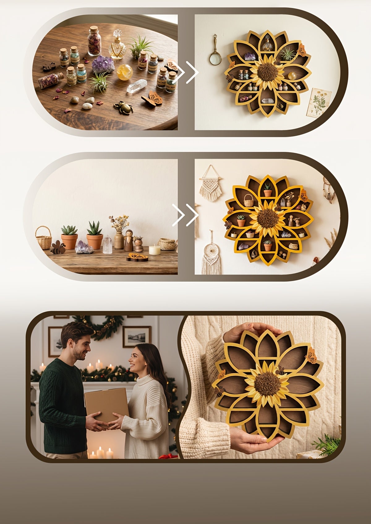 FNYDOXGI 1pc Wooden Sunflower Floating Shelves Wall-Mounted Organizer - UV Printed Spiritual Decor with Gemstones, Essential Oils & Meditation Art, Multi-Functional Storage for Living Room, Meditation Space, Meditation Room Decor, Vibrant Wall Art