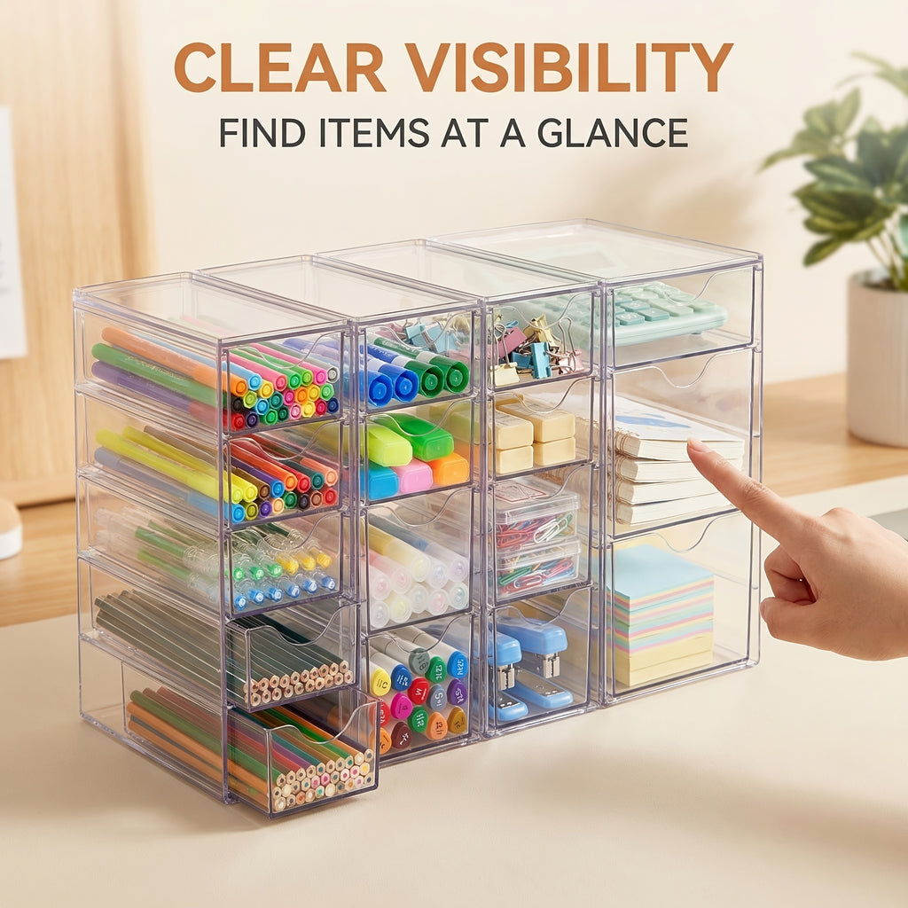 Acrylic Desktop Drawer Organizer, Clear 8 or 16 Drawer Storage Sets for Office Supplies, Makeup, Jewelry and Craft Essentials at Home