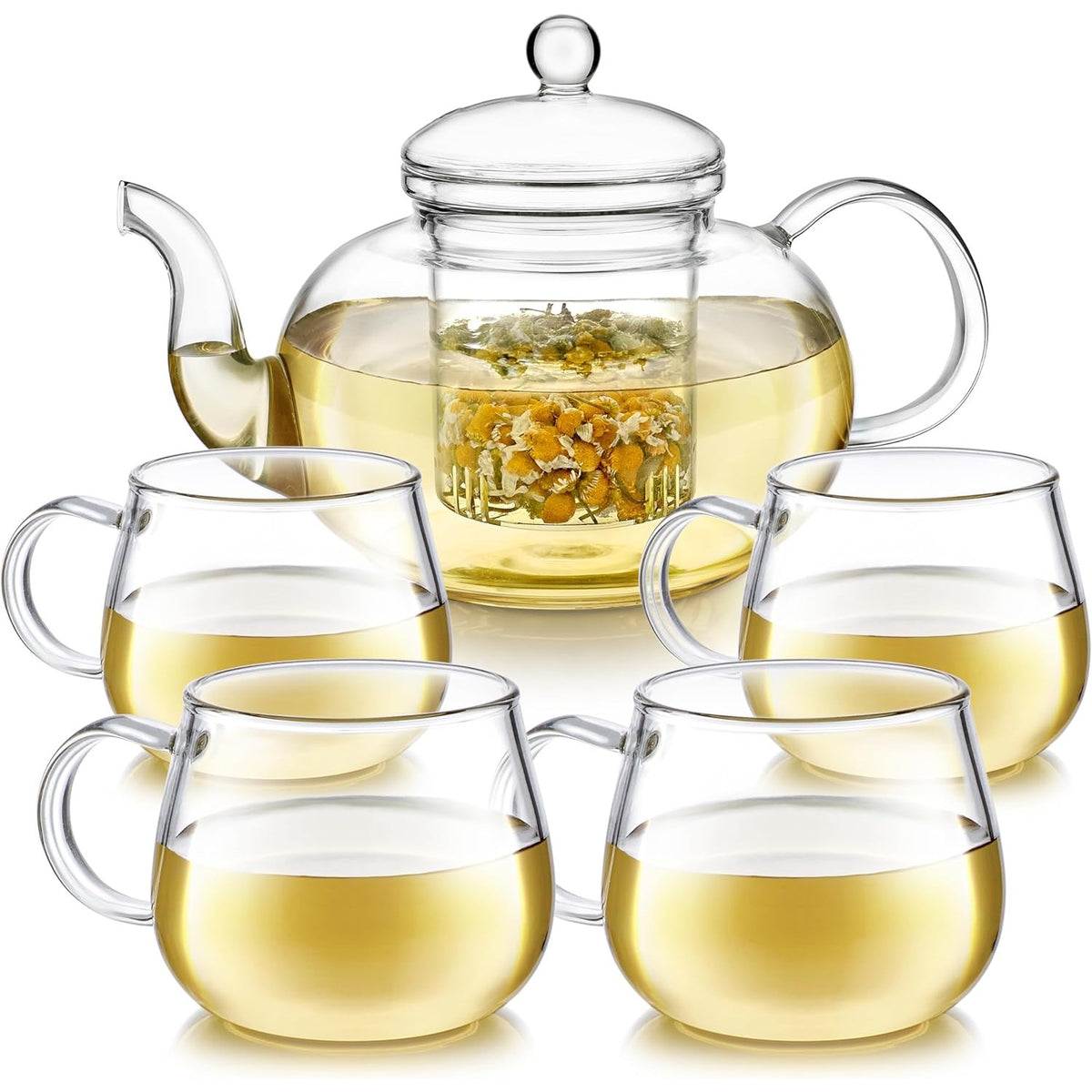 1000Ml Glass Teapot with Infuser And 4 Cups, 33.8 Oz (1000 Ml) Glass Teapot with Detachable Infuser for Flowering And Loose Leaf Tea, Microwave And Stovetop Tea Set Gift Box