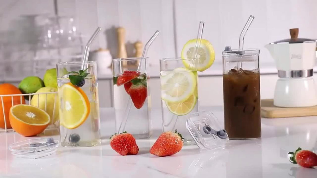 4 Packs/6 Packs, Glass Water Cup, High Borosilicate Glass with Lid And Straw, Women's Korean Square Lid, Transparent, Simple Flat Bottom, Heated Household Coffee Cup, Juice Cup