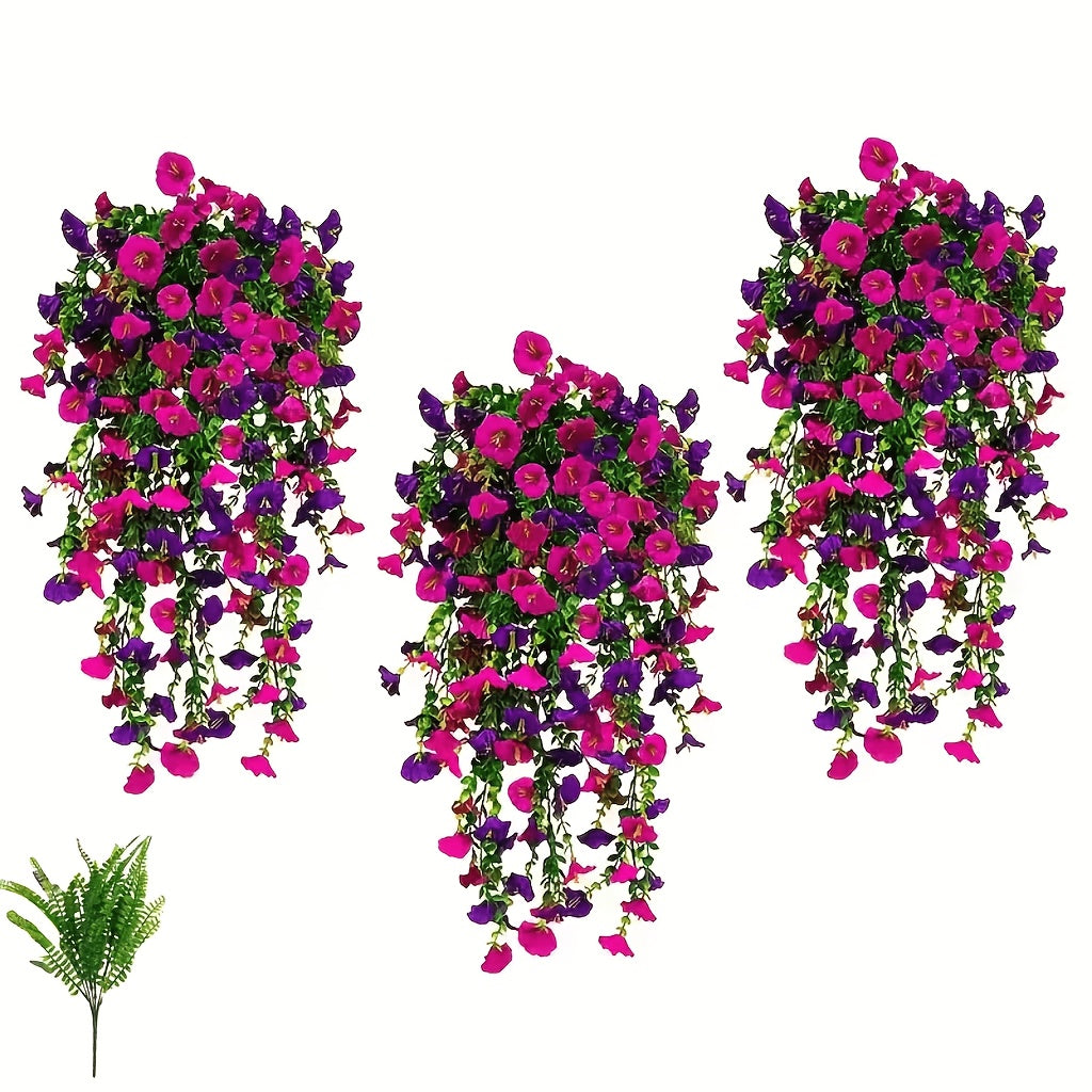 3 Morning Glory Hanging Flowers +1 Persian Grass, Mixed with Textile Morning Light And Eucalyptus Leaves, UV-resistant, True Artificial Plants, Suitable for Outdoor Home, Office And Garden Decoration On Mother's Day, Especially for Thanksgiving