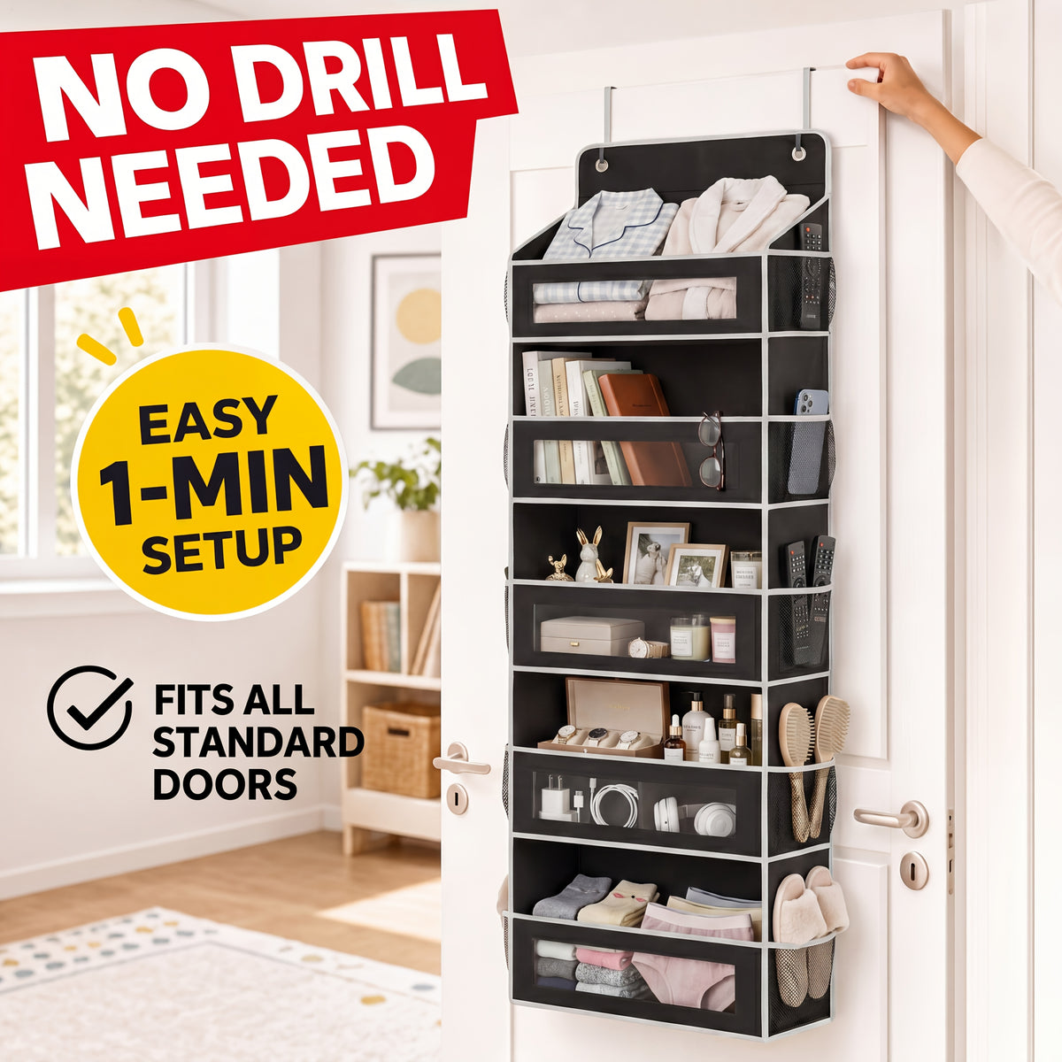 [5-Tier Storage Box] Door Storage Box, Hanging Door Storage Box with 5 Large Capacity Pockets | Anti-tilt 44 Pound Load Back Of Door Storage Box for Bedroom, Bathroom, Pantry, Room Storage And Collection Use Over The Door Pantry Organizer