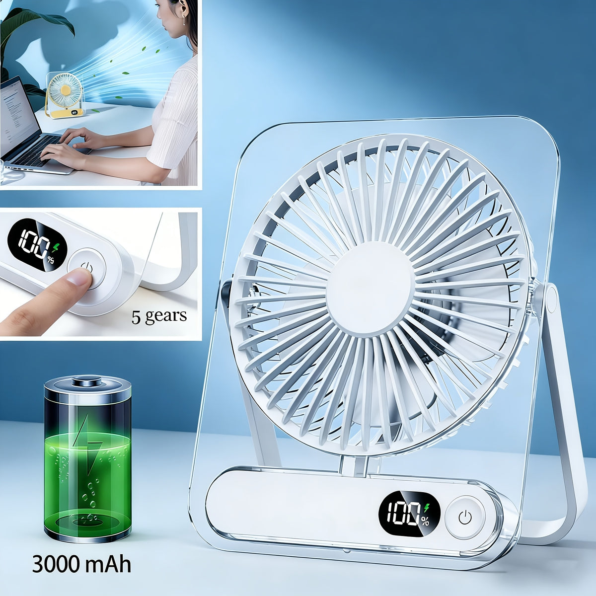 Portable USB Desktop Fan with 3000 Mah Battery - Ultra-Quiet, 5 Speeds, 180° Adjustable And Foldable Design, Digital Power Display, Suitable for Home, Office, And Travel Use, for Travel, For Outdoor Camping Travel