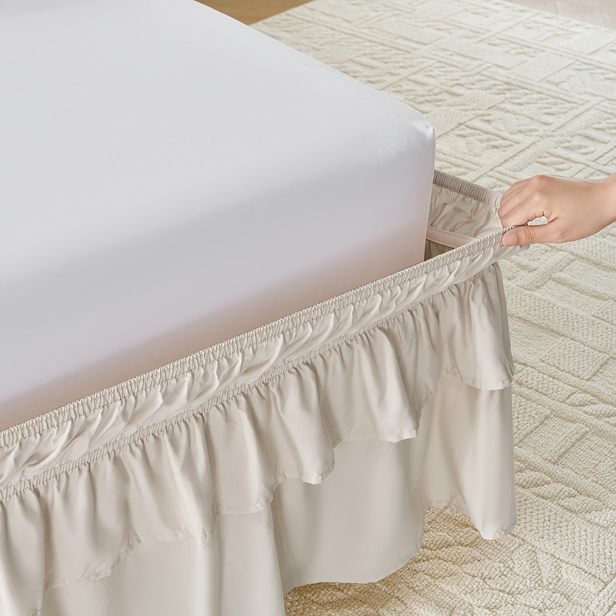 Double Ruffle Bed Skirt 16 Inch Drop, Elastic Wrap Around Bed Skirts For Twin Full Queen King Size Bed, Easy To Install Dust Ruffle, Machine Washable Soft Fabric, Multi Ruffle Bedskirt For Bedroom Bedding Home Decor