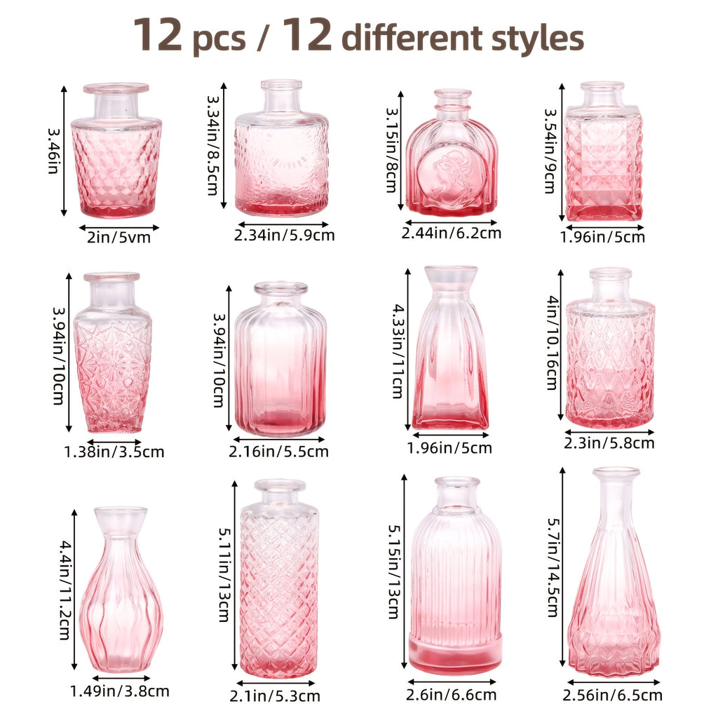 Pink Glass Bud Vase Set, 12 or 36 Vintage-Style Textured Mini Flower Vases for Wedding Centerpieces, Bridal Showers, Party Favors and Home Table Decor