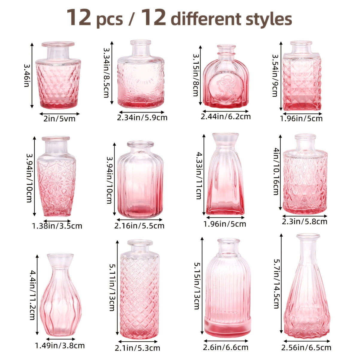 12/36pcs Pink Glass Bud Vase | Vintage Carved Glass Teardrop Vases for Wedding Decoration, Home Table Flower Arrangements, Bridal Shower & Party Favors