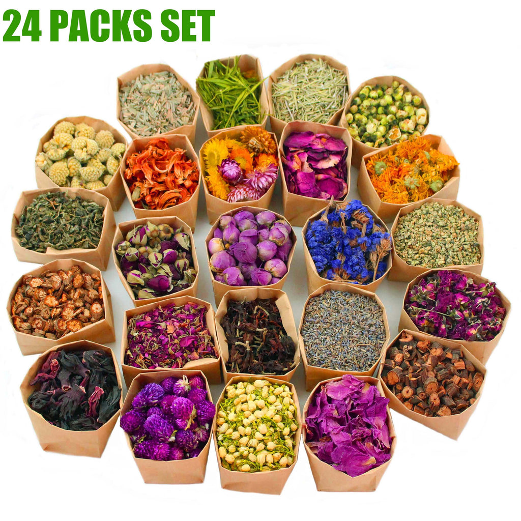 24pcs Set - Dried Flowers Craft Set, Dried Plant Kit, Resin Jewelry Making, DIY Candle, Seasonal Decor, Roses, Jasmine, Peony, Lavender, Forget-me-not, Etc
