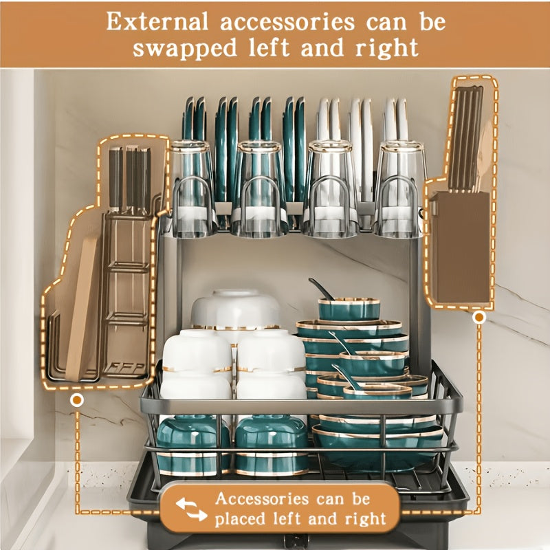 Double Tier Metal And Carbon Steel Cutlery Rack, Large And Durable, with Knife Fork And Cup Holders And Draining Board, Rustproof Two Tier, Space Saving for Kitchen Countertop, Make The Kitchen More Concise And Organized