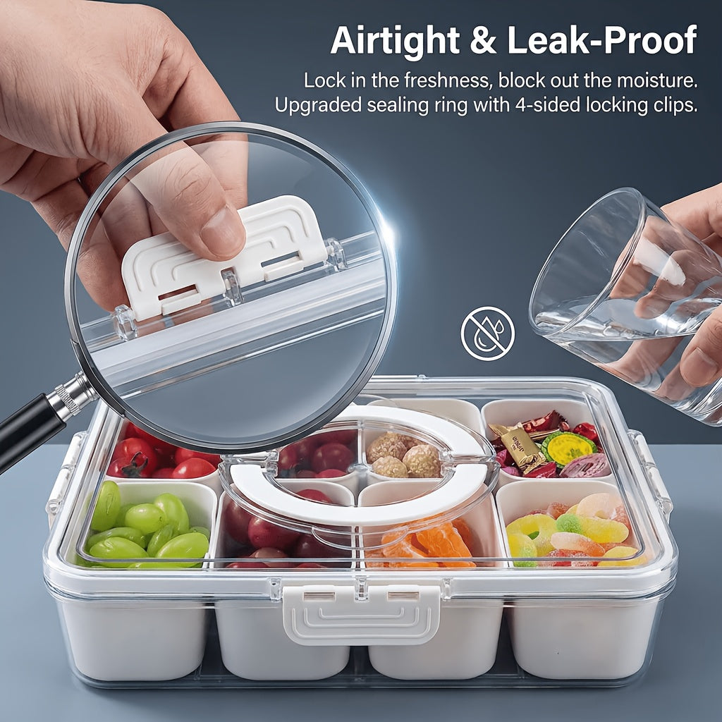 8-Compartment Divided Snack Box with Lid & Handle - Airtight BPA-Free Leakproof Plastic Storage Container Suitable for Parties, Picnics, Lunchboxes, Pantry Organizer, Square Lunch Tray with Snap- Lid for Home,, Office Use