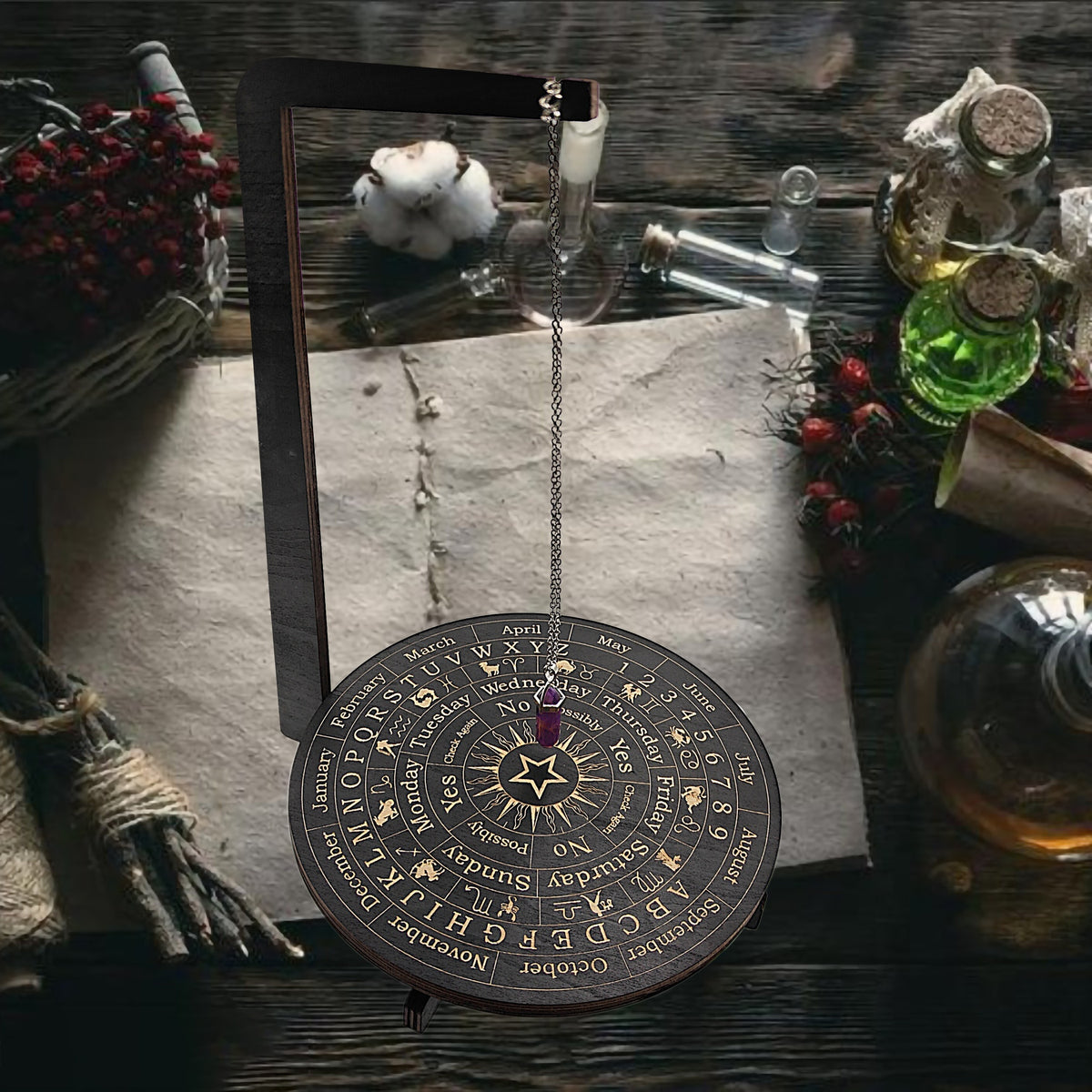Three-Dimensional Wooden Stand for Divination, Featuring Witchcraft Elements, Crystal Display, And Altar Supplies. Ideal for Pendulum Use And Meditation