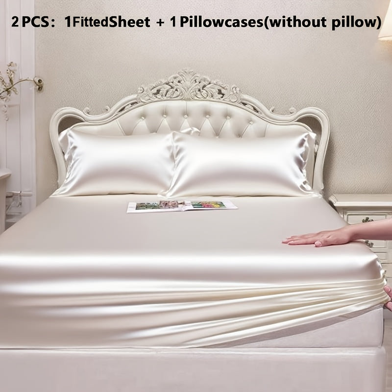 Luxury Satin Fitted Sheet, Fitted Sheet+Pillowcase, Queen Sheet, Cooling, Smooth, Breathable, Wrinkle-Resistant, Machine Washable, Easy Care Ultra Soft for Hot Sleepers Child, Children, Adults, Hotels, Apartments, Wedding Gifts-3000TC Random Color