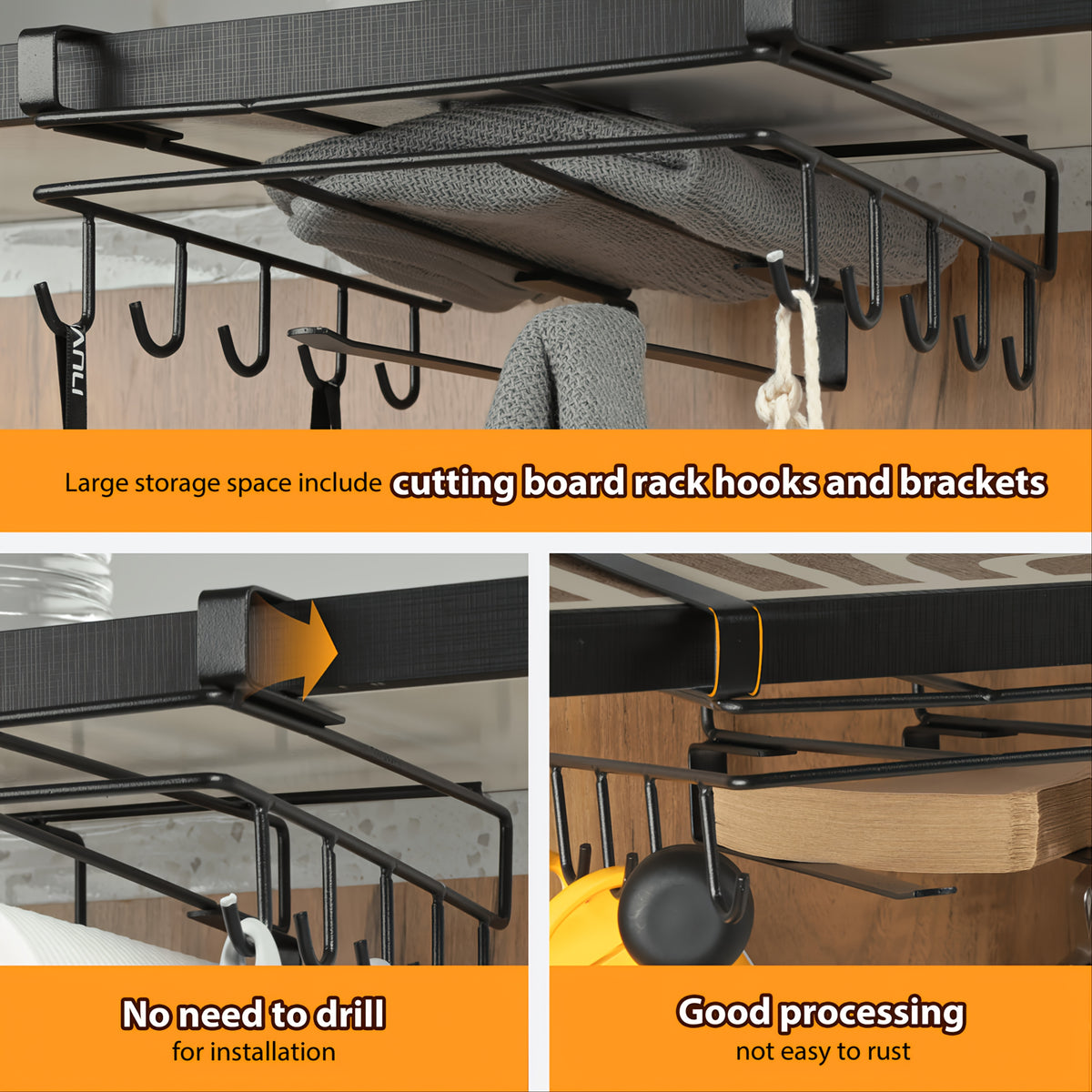 1pc Cabinet Organizer Holder, Cabinet Holder Rack, Bathroom Towel Holder Under Cabinet, Hanging Shelf Under Cabinet with Multiple Hooks for Cups, Kitchen Utensils, And Cutting Boards(Black)