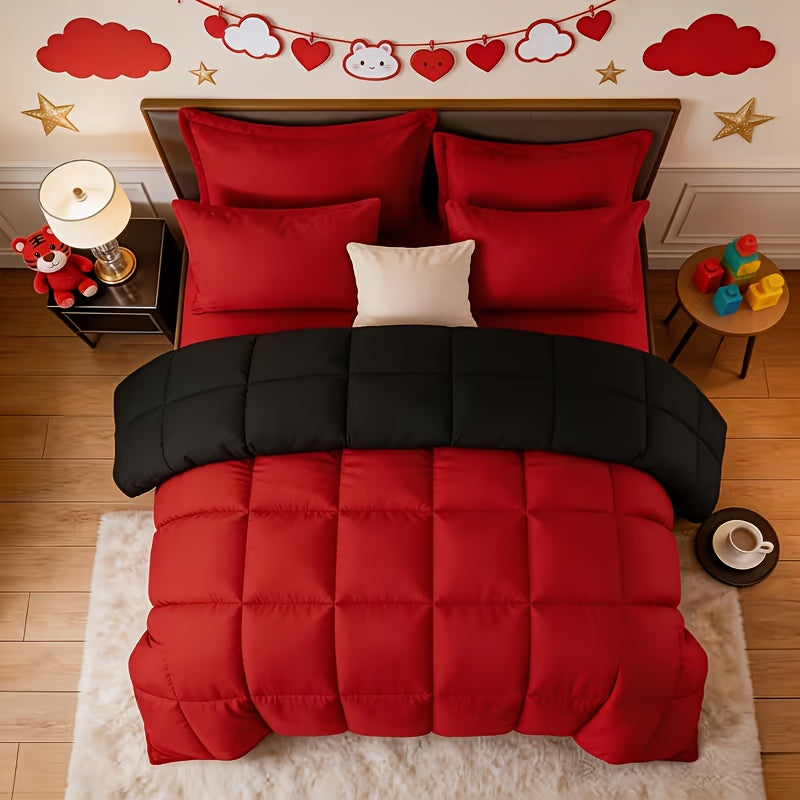 2/3pcs Red And Black bedding with All-Season Comforter, Available in Standard Double/King Double/Super King Sizes. Includes 1 Comforter And 1/2 Pillowcases, Suitable for Kids' Rooms, School Dormitories, Apartments