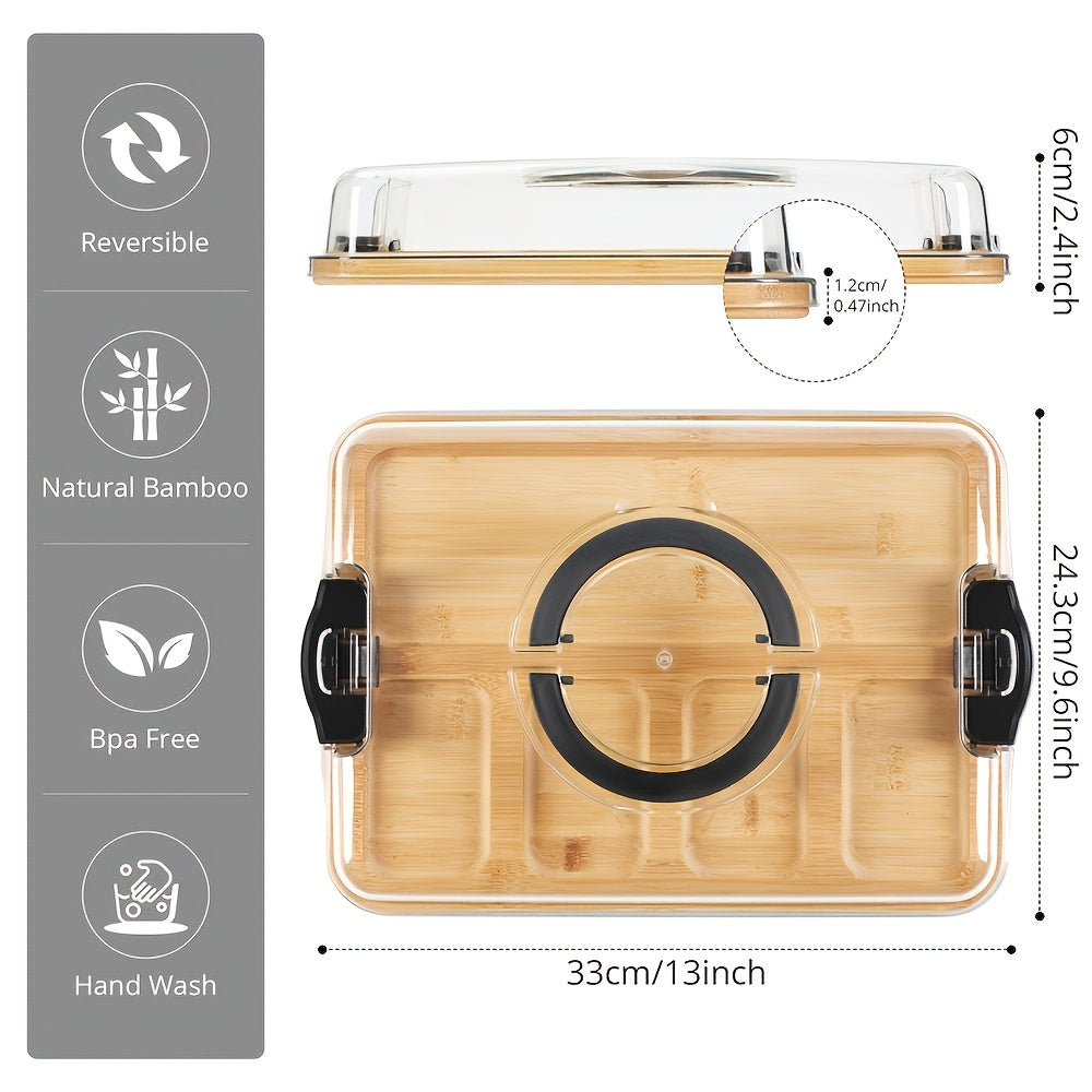 A Bamboo Tray with a Transparent Lid - Bamboo Charcuterie Cheese Board - Divided Tray with Handles And Locking Lid - 5 Compartments - Snack Tray - Portable Serving Platter - Suitable for Parties, Outdoor Picnics, Camping, And Gift Preparation