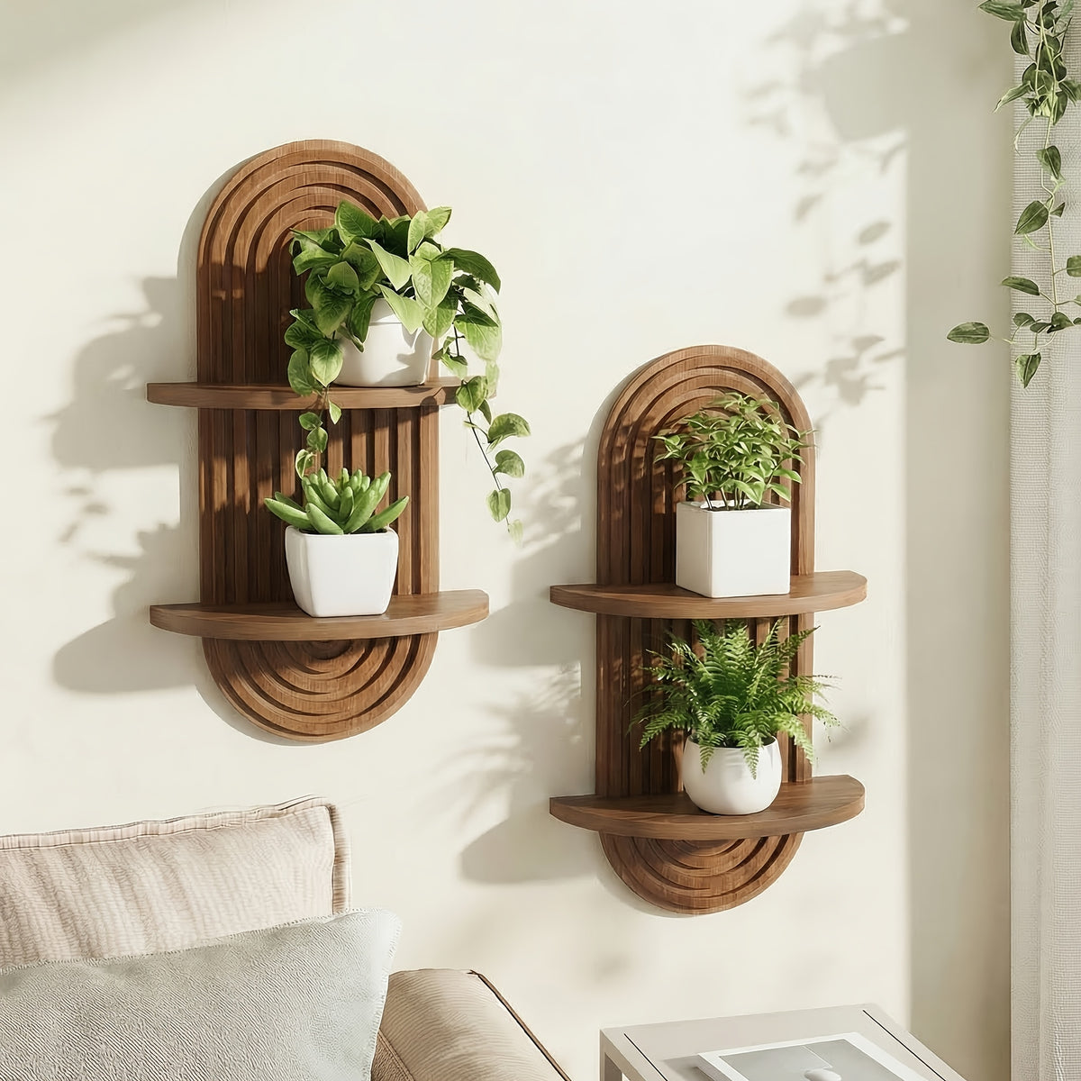 Plant Shelf Mid-Century Modern 1-2 Tier 15In Brown Wood Floating Shelves Wall Planter Holder & Boho Decor Hanging