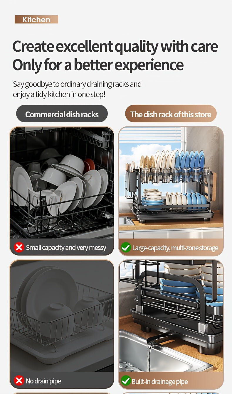 Two-tier Metal Kitchen Countertop Dish Rack Is Space-saving And Durable. It Comes with A Knife And Fork Holder, A Cup Rack, A Cutting Board Holder, And A Rust-proof Draining Tray. It Organizes Your Tableware And Helps Keep Your Kitchen Neat And Tidy.
