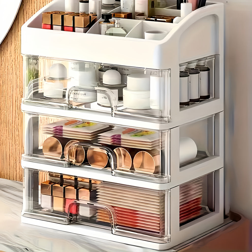 Makeup Storage Organizer with Six Top Compartments and Three Pull-Out Drawers, Four-Layer PP Plastic Cosmetic Holder for Skincare, Vanity and Desk Essentials
